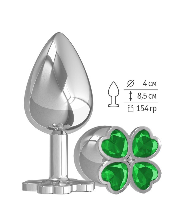 Серебристая анальная пробка-клевер с зеленым кристаллом - 9,5 см.