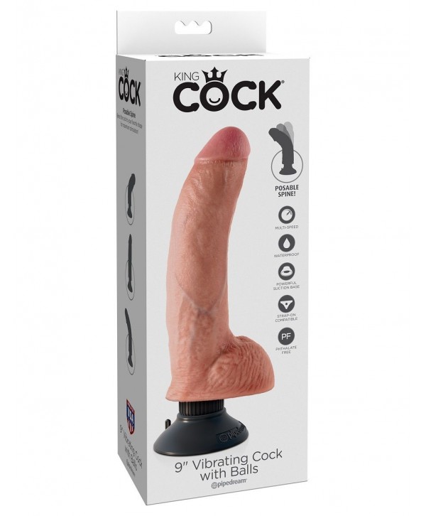 Телесный виброфаллос со съемной присоской 9  Vibrating Cock with Balls - 22,9 см.