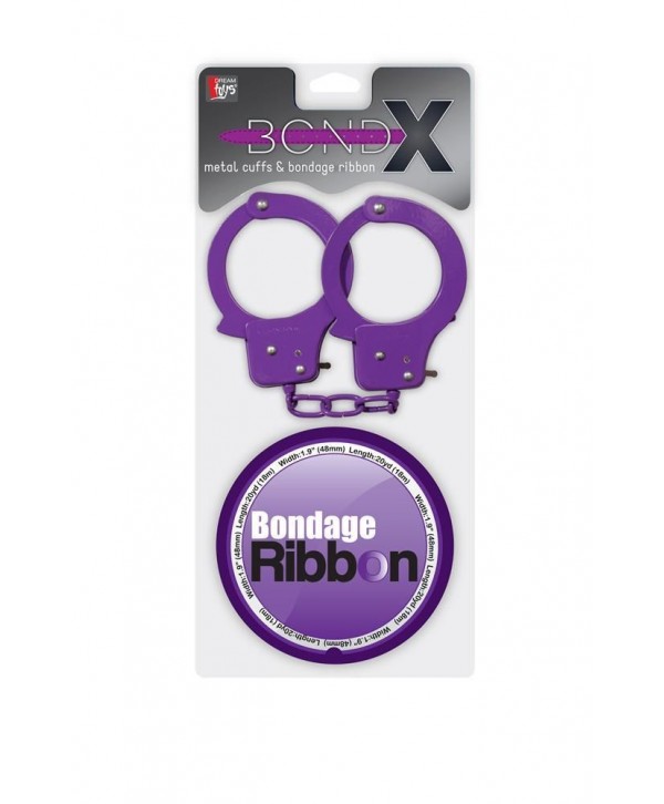Набор для фиксации BONDX METAL CUFFS AND RIBBON: фиолетовые наручники из листового материала и липкая лента