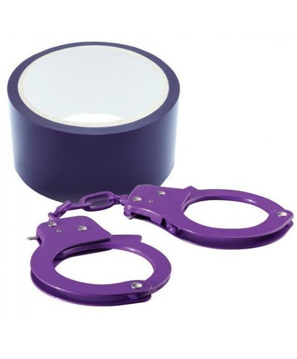 Набор для фиксации BONDX METAL CUFFS AND RIBBON: фиолетовые наручники из листового материала и липкая лента