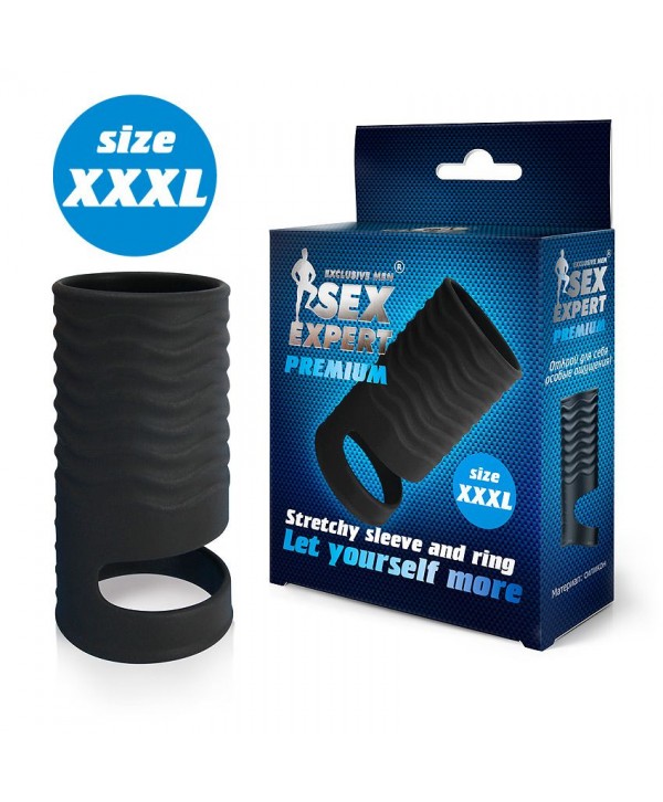 Черная открытая насадка на пенис с кольцом для мошонки XXXL-size - 9,9 см.