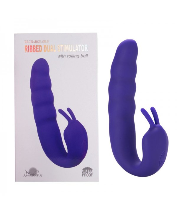 Фиолетовый вибратор Ribbed Dual Stimulator with Rolling Ball - 17 см.