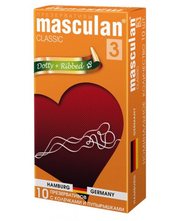 Презервативы Masculan Classic 3 Dotty+Ribbed с колечками и пупырышками - 10 шт.