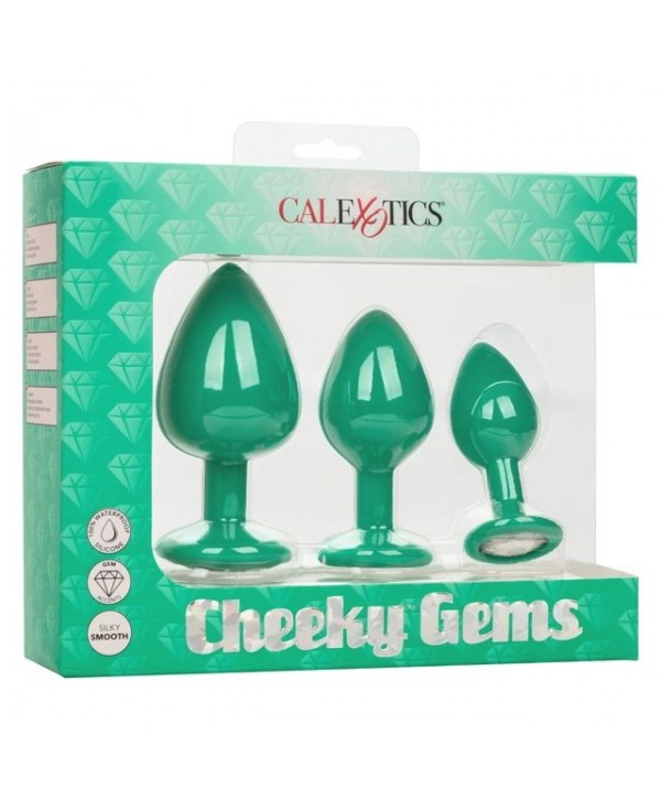 Набор из трёх зеленых анальных пробок с кристаллом Cheeky Gems