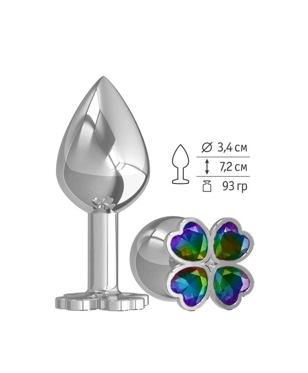 Средняя серебристая анальная втулка с клевером из радужных кристаллов - 8,5 см.
