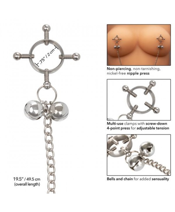 Металлические зажимы для сосков на цепочке Nipple Grips 4-Point Nipple Press with Bells
