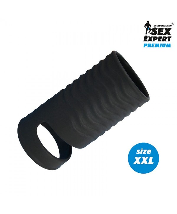 Черная открытая насадка на пенис с кольцом для мошонки XXL-size - 9,4 см.
