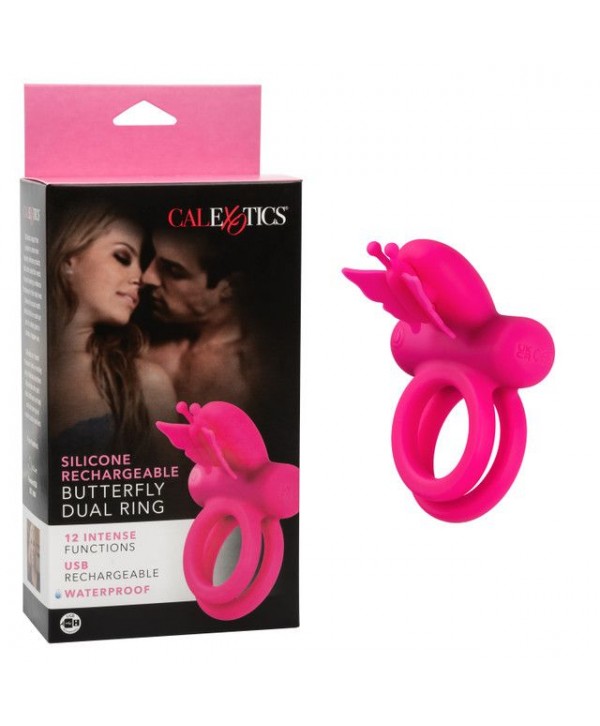 Розовое эрекционное виброкольцо Silicone Rechargeable Dual Butterfly Ring