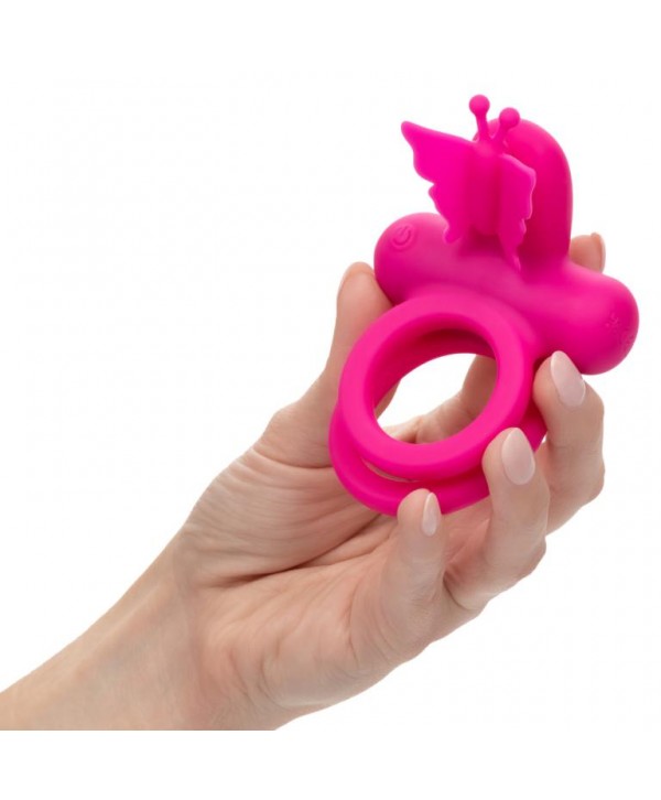 Розовое эрекционное виброкольцо Silicone Rechargeable Dual Butterfly Ring