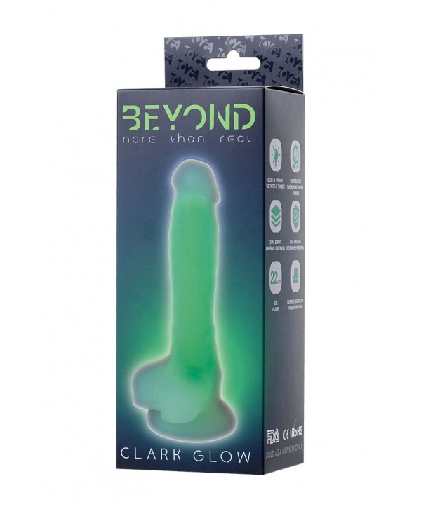 Прозрачно-зеленый фаллоимитатор, светящийся в темноте, Clark Glow - 22 см.