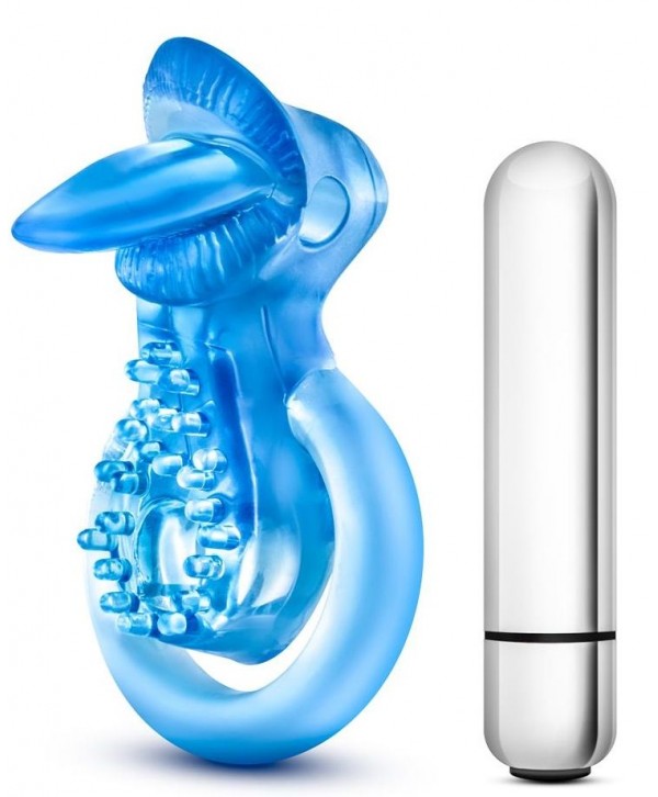 Голубое эрекционное виброкольцо 10 Function Vibrating Tongue Ring