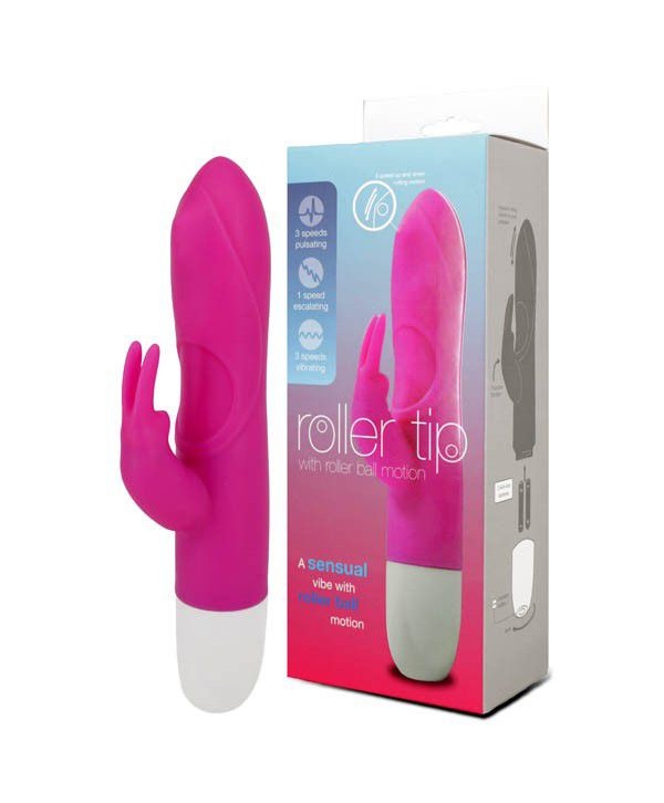 Розовый вибромассажер с клиторальным стимулятором ROLLER TIP WITH ROLLER BALL MOVEMENT - 14 см.