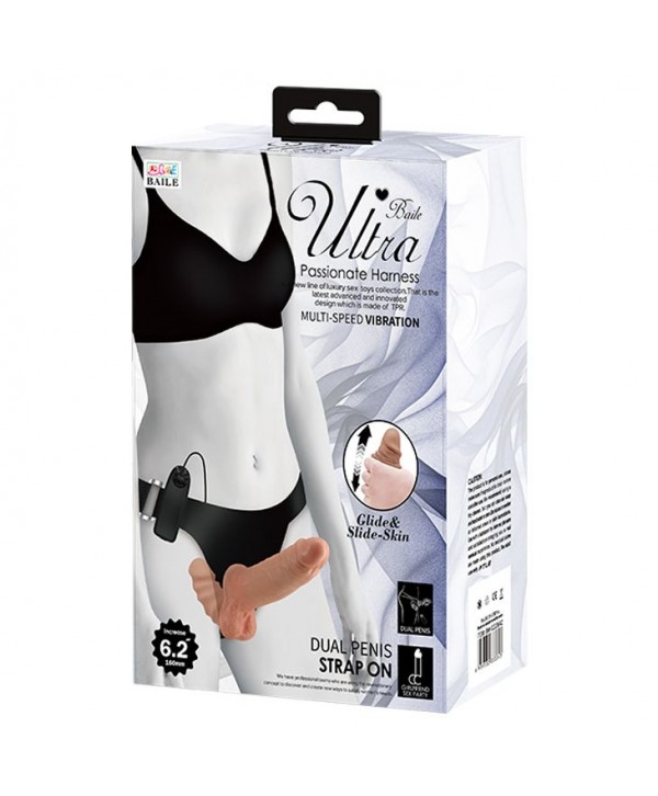 Страпон с вагинальной пробкой и вибрацией Ultra Passionate Harness - 16 см.