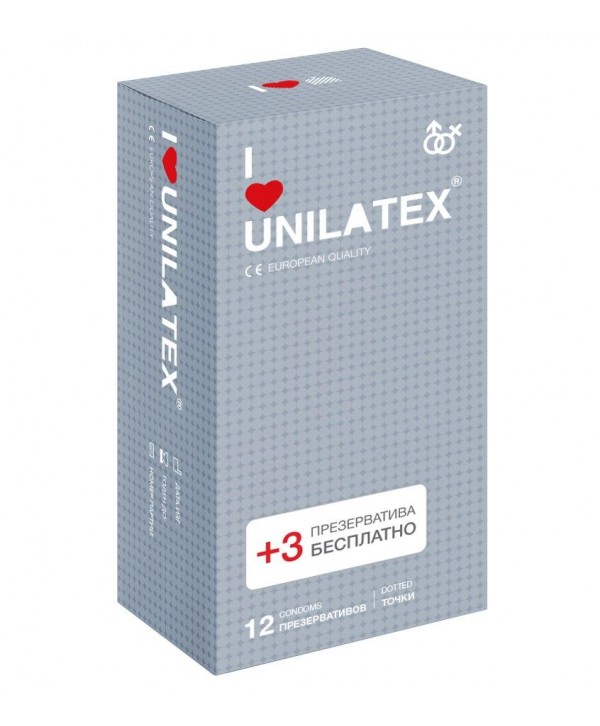 Презервативы с точками Unilatex Dotted - 12 шт. + 3 шт. в подарок