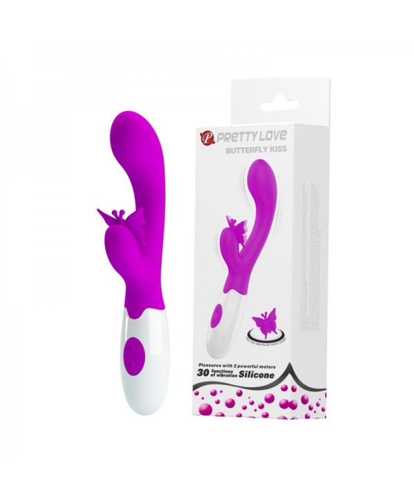Лиловый вибратор с клиторальным стимулятором-бабочкой Butterfly Kiss - 19,9 см.