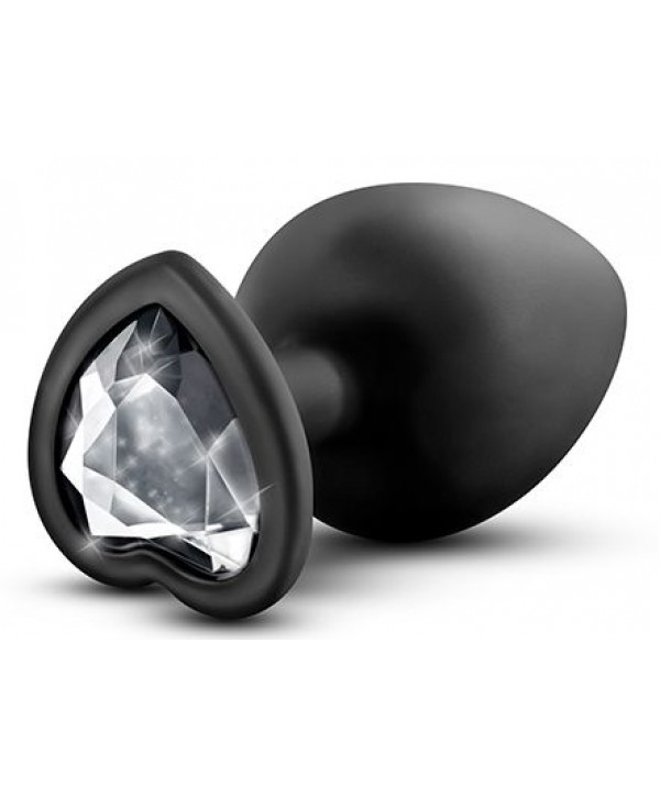 Черная анальная пробка с прозрачным стразом-сердечком Bling Plug Large - 9,5 см.