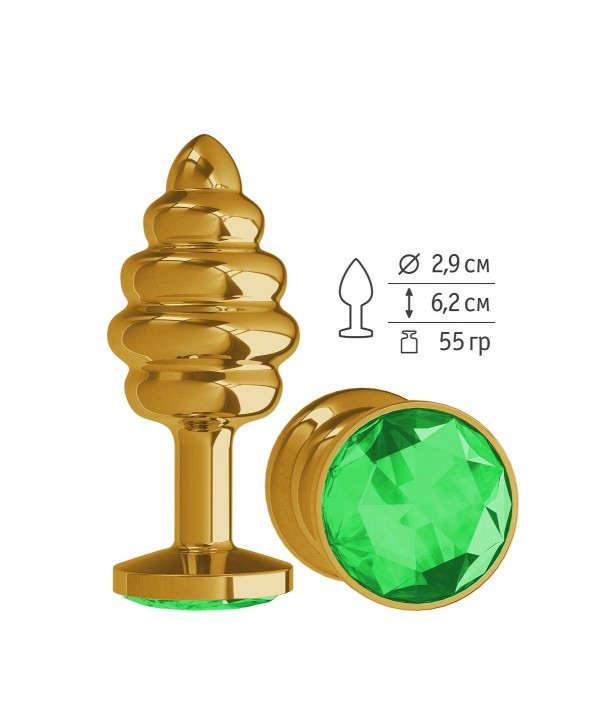 Золотистая пробка с рёбрышками и зеленым кристаллом - 7 см.