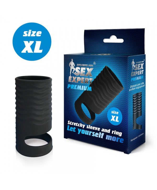Черная открытая насадка на пенис с кольцом для мошонки XL-size - 8,9 см.