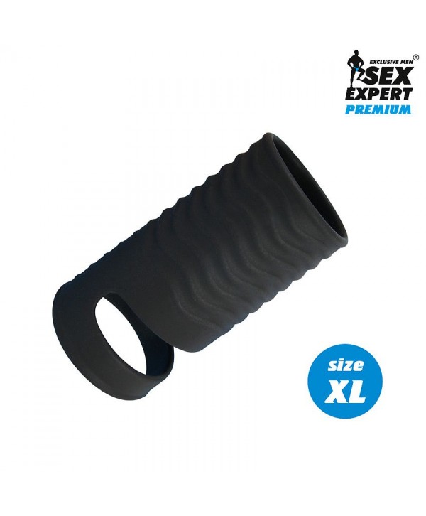 Черная открытая насадка на пенис с кольцом для мошонки XL-size - 8,9 см.