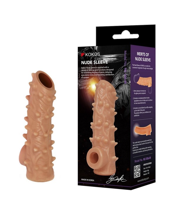 Телесная насадка с шипами и открытой головкой Nude Sleeve L - 14 см.