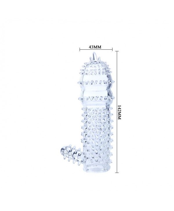 Прозрачная насадка на пенис с шипами и стимулятором клитора - 14,2 см.