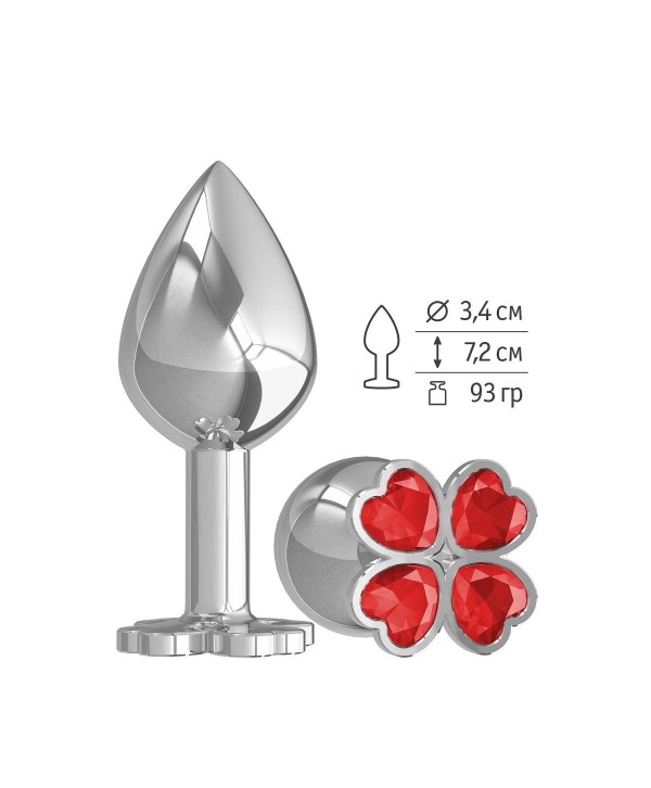 Средняя серебристая анальная втулка с клевером из красных кристаллов - 8,5 см.