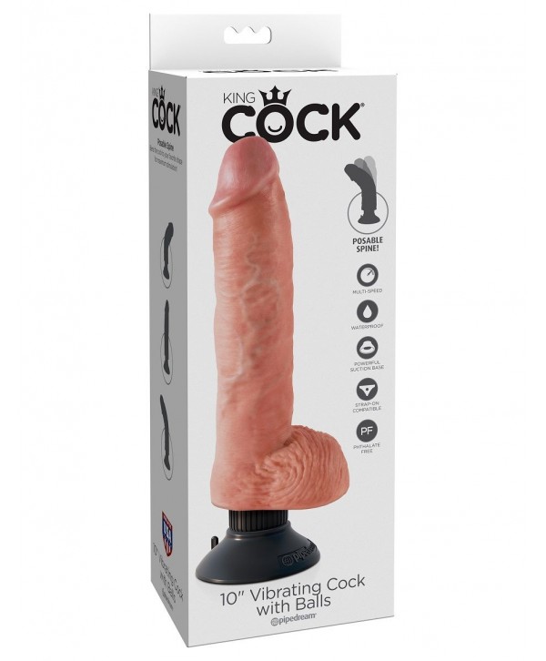 Телесный вибромассажер 10  Vibrating Cock with Balls - 25,4 см.