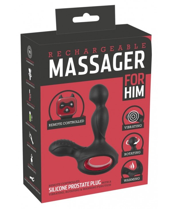 Черный вибромассажер простаты с нагревом и ротацией Prostate Plug - 14,5 см.