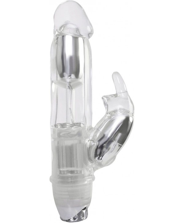 Прозрачный вибратор с клиторальным зайкой Lucidity Big Bang Light Up Vibe - 16 см.