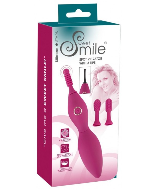 Ярко-розовый клиторальный вибратор с 3 насадками Spot Vibrator with 3 Tips - 17,9 см.