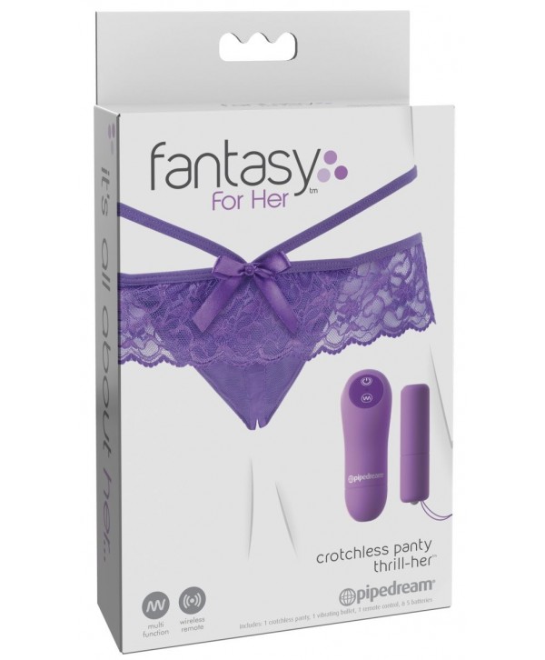 Фиолетовые трусики с вибропулей и пультом Crotchless Panty Thrill-Her