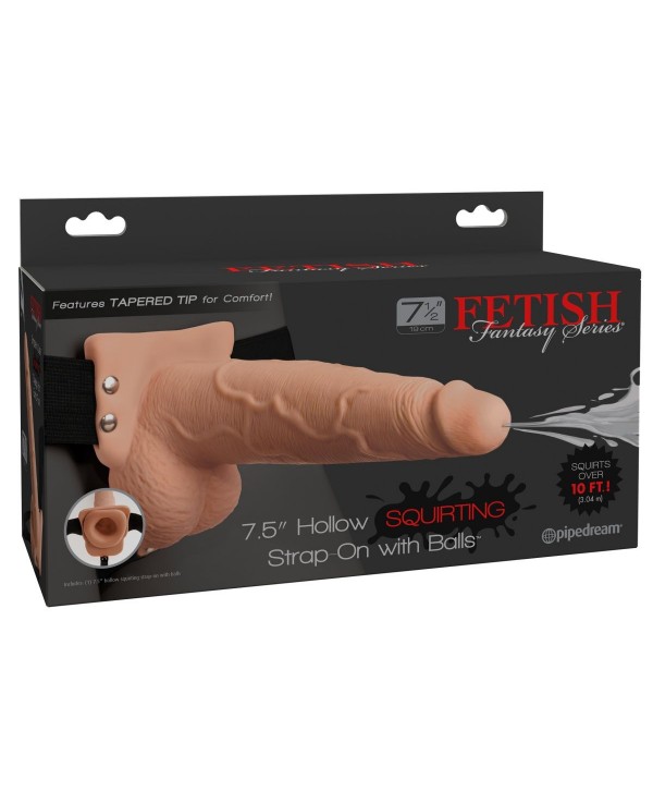 Телесный полый страпон с имитацией эякуляции 7.5  Hollow Squirting Strap-On with Balls - 21,6 см.