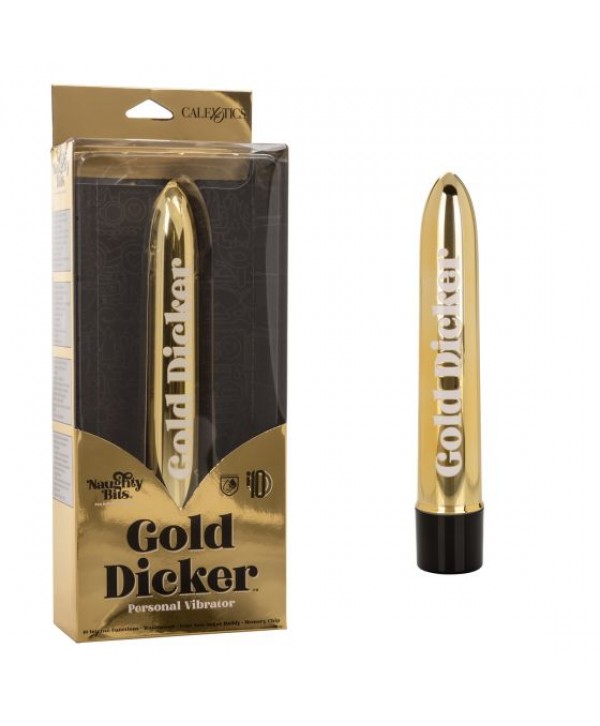 Золотистый классический вибратор Naughty Bits Gold Dicker Personal Vibrator - 19 см.