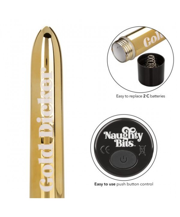 Золотистый классический вибратор Naughty Bits Gold Dicker Personal Vibrator - 19 см.