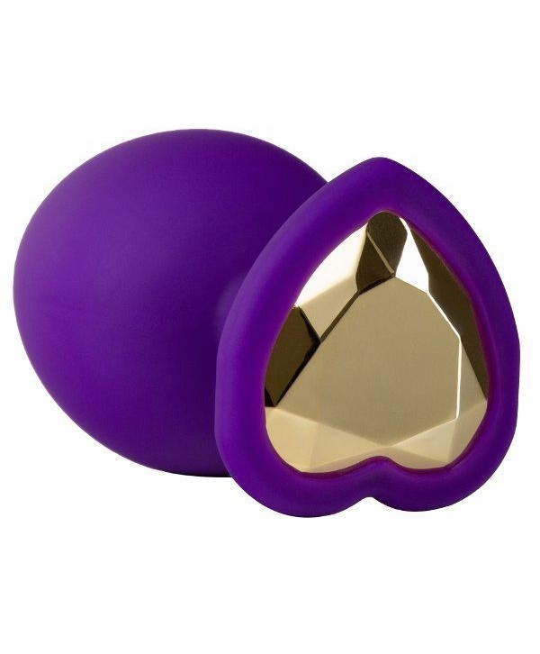 Фиолетовая анальная пробка с золотистым кристаллом-сердцем Bling Plug Small - 7,6 см.
