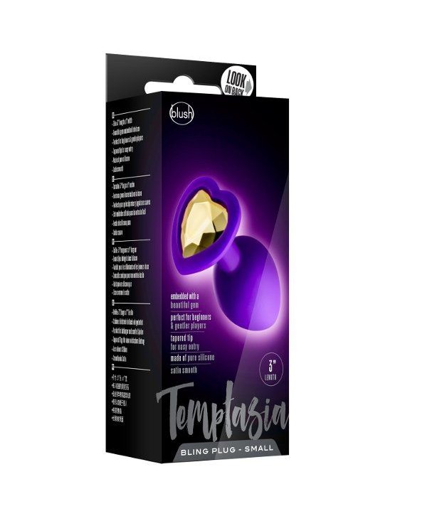 Фиолетовая анальная пробка с золотистым кристаллом-сердцем Bling Plug Small - 7,6 см.