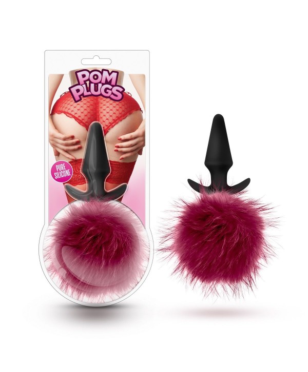 Силиконовая анальная пробка с бордовым заячьим хвостом Fur Pom Pom - 12,7 см.