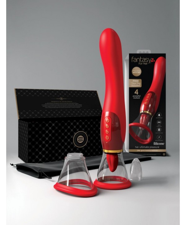 Красный двухсторонний вибростимулятор Ultimate Pleasure 24K Gold Luxury Edition - 25 см.