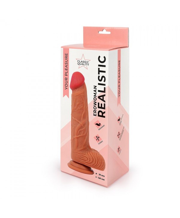 Реалистичный фаллоимитатор Erowoman телесного цвета с мошонкой