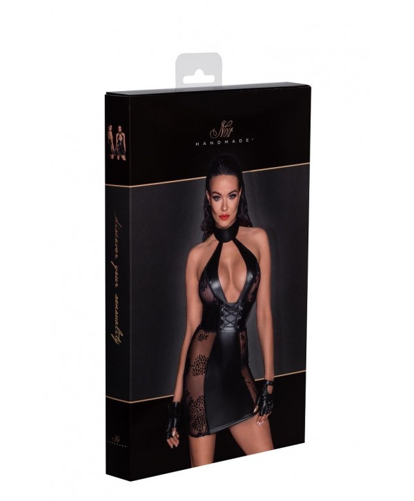 Короткое платье из кружева со вставками из wet-look материала Short tulle dress Powerwetlook inserts and corset binding