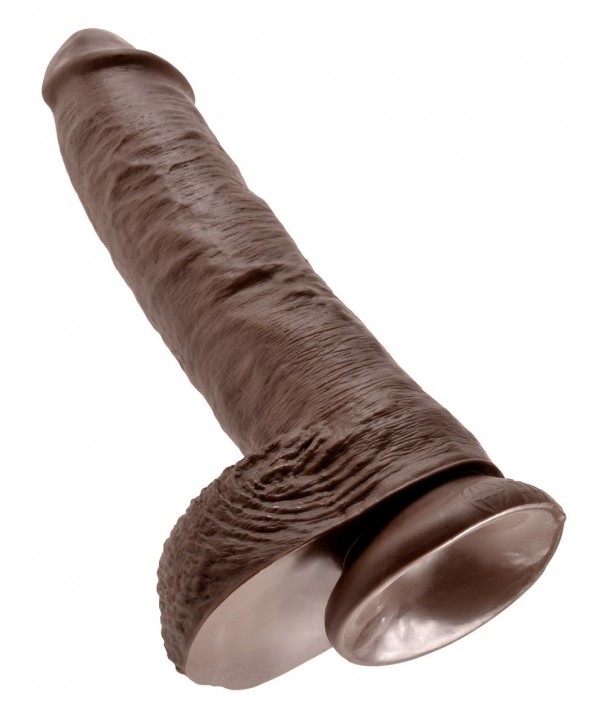 Большой коричневый фаллоимитатор с мошонкой 10  Cock with Balls на присоске - 25,4 см.