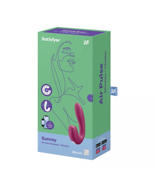 Малиновый вибратор с вакуумным стимулятором Sunray - 14,8 см.